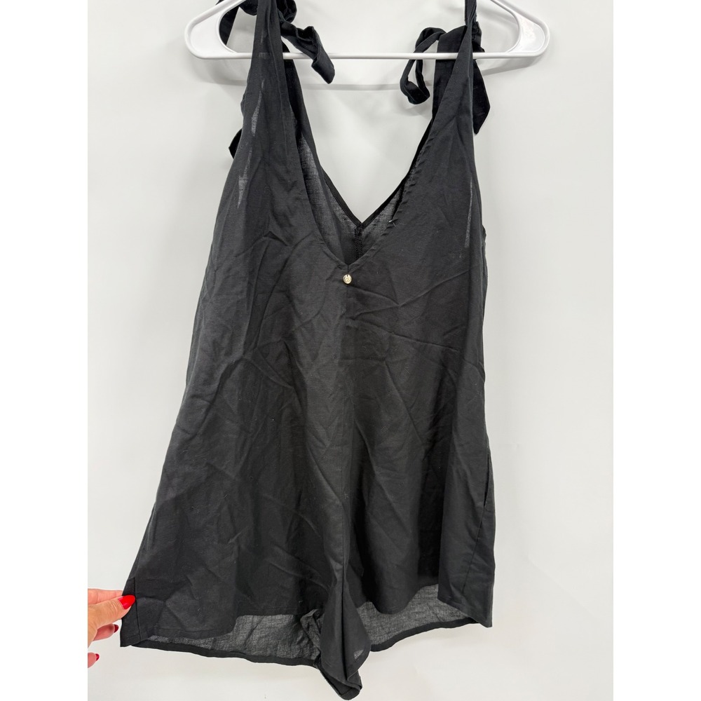 Victoria secret Romper W Black Tie Shoulder V-Neck Linen Blend Pockets M